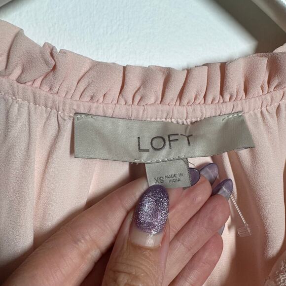 LOFT Top Women XS Pink Embroidered Tie Neck Blouse Cottage Minimal Modest Work - Picture 5 of 7